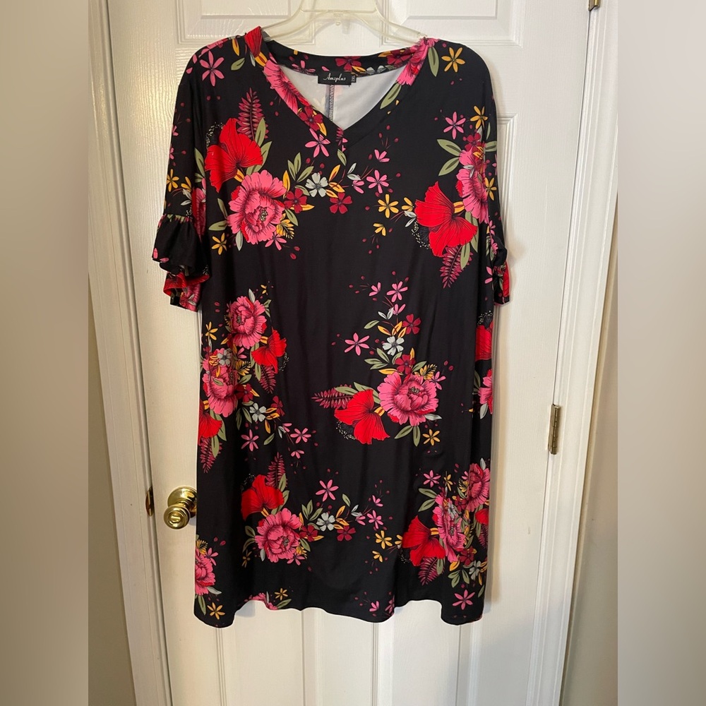 Floral Black Dress with Pink and Red Flowers